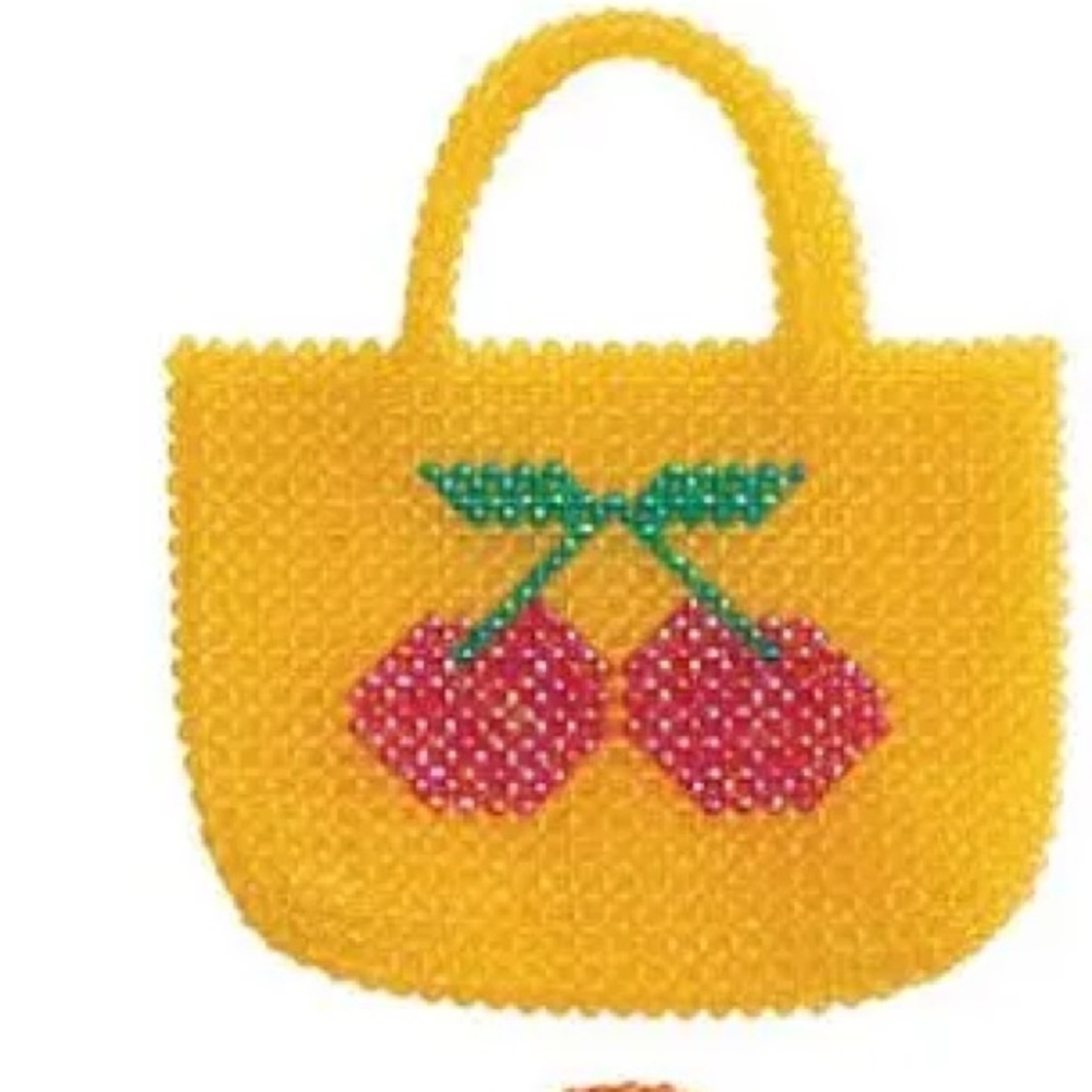 Yellow Beaded Handbag with Cherry Design
